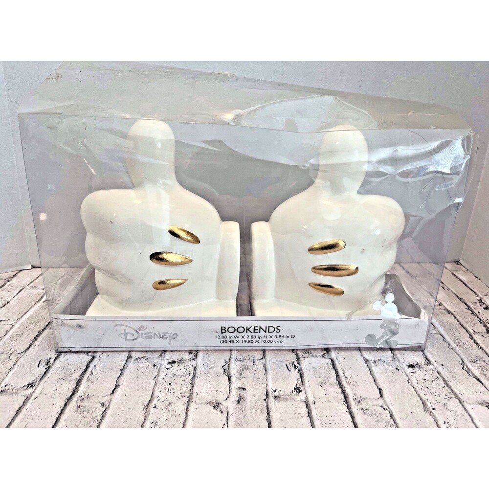 Disney Mickey Mouse Thumbs Up White Gloves Bookends Ceramic Hands Set  5.5 x 8.5